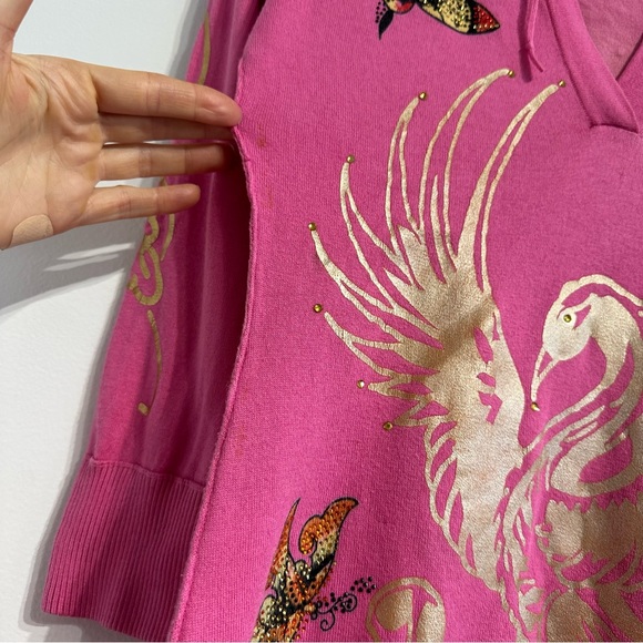 Ed Hardy Hooded tunic top pink tattoo Phoenix jersey knit 3/4 sleeves - Picture 15 of 17